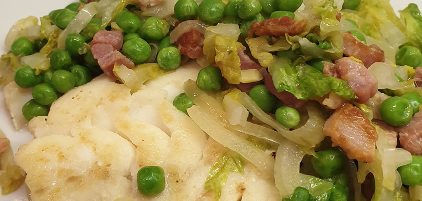Cod with Bacon, Lettuce and Peas