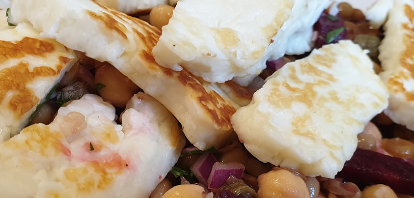 halloumi, lentil, chickpea and beetroot salad 