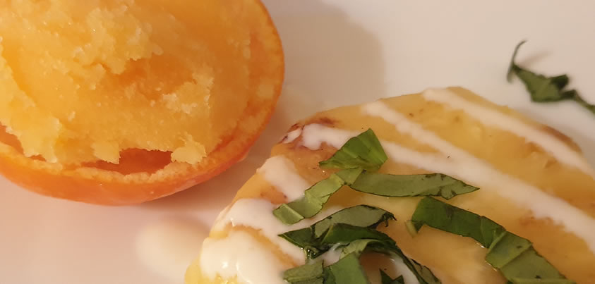 Tangerine Sorbet with Grilled Pineapple and Lime Yoghurt Drizzle